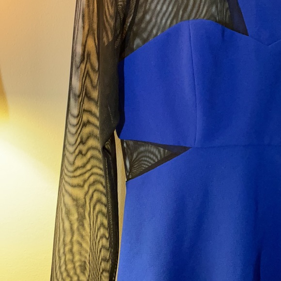 BCBG- Long Sleeves Bright Blue Mini Dress with Black Transparency - Picture 5 of 7